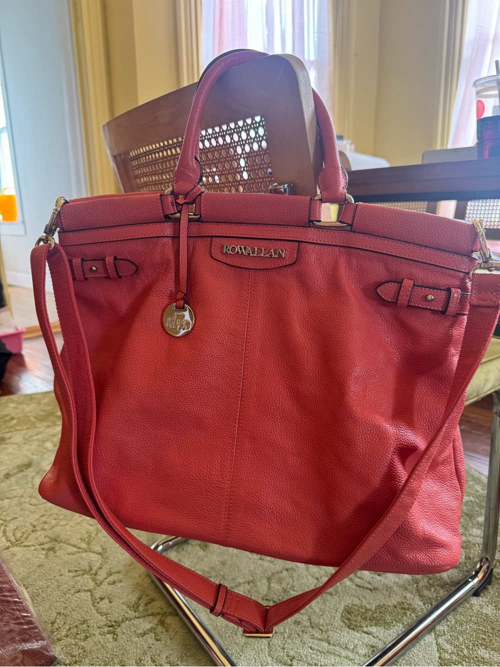 Rowallan Coral-Red Leather Tote with Detachable Strap
